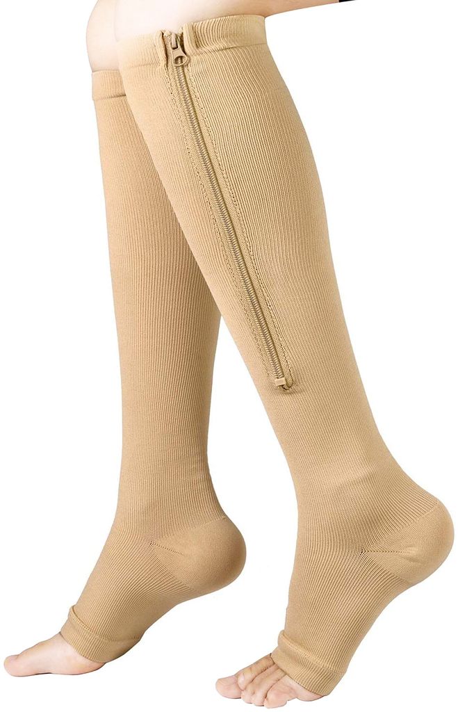 Kompressionssocken mit offener Zehenpartie in der Größe L/XL, beige perfekt für Reise Flug Urlaub, für Damen und Herren,A0181