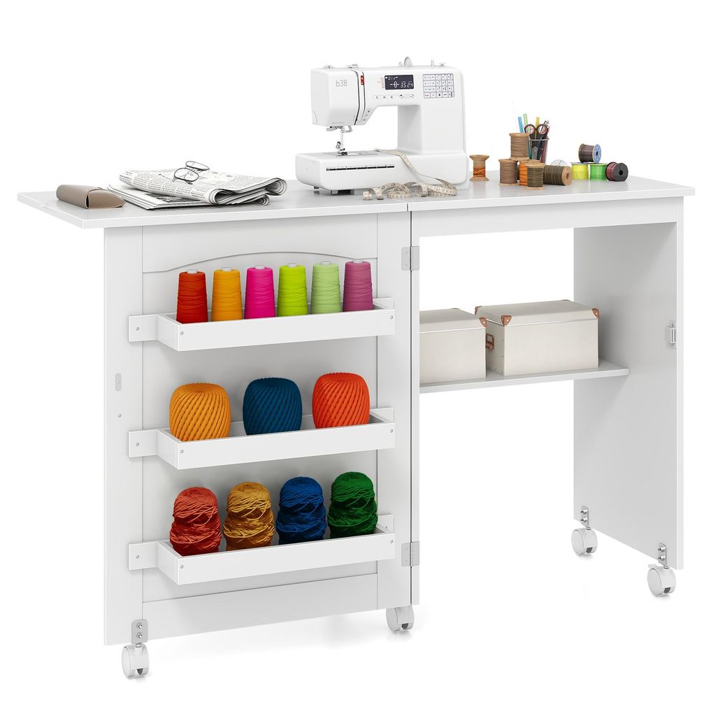 COSTWAY 2in1 Nähtisch & Schreibtisch klappbar, Nähschrank Nähmaschinentisch mit 3 Einlegeböden, Rollen, Ablagefächern weiß