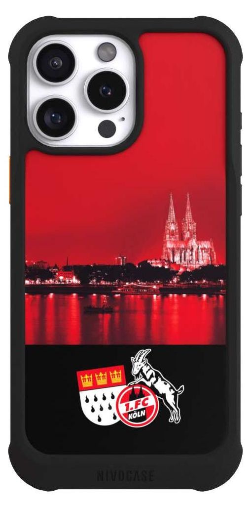 NIVOCASE Hülle für Apple iPhone 16 Pro Max Stoßfeste Handyhülle NIVOmax Case Schwarz 1. FC Köln Offizielles Lizenzprodukt Skyline