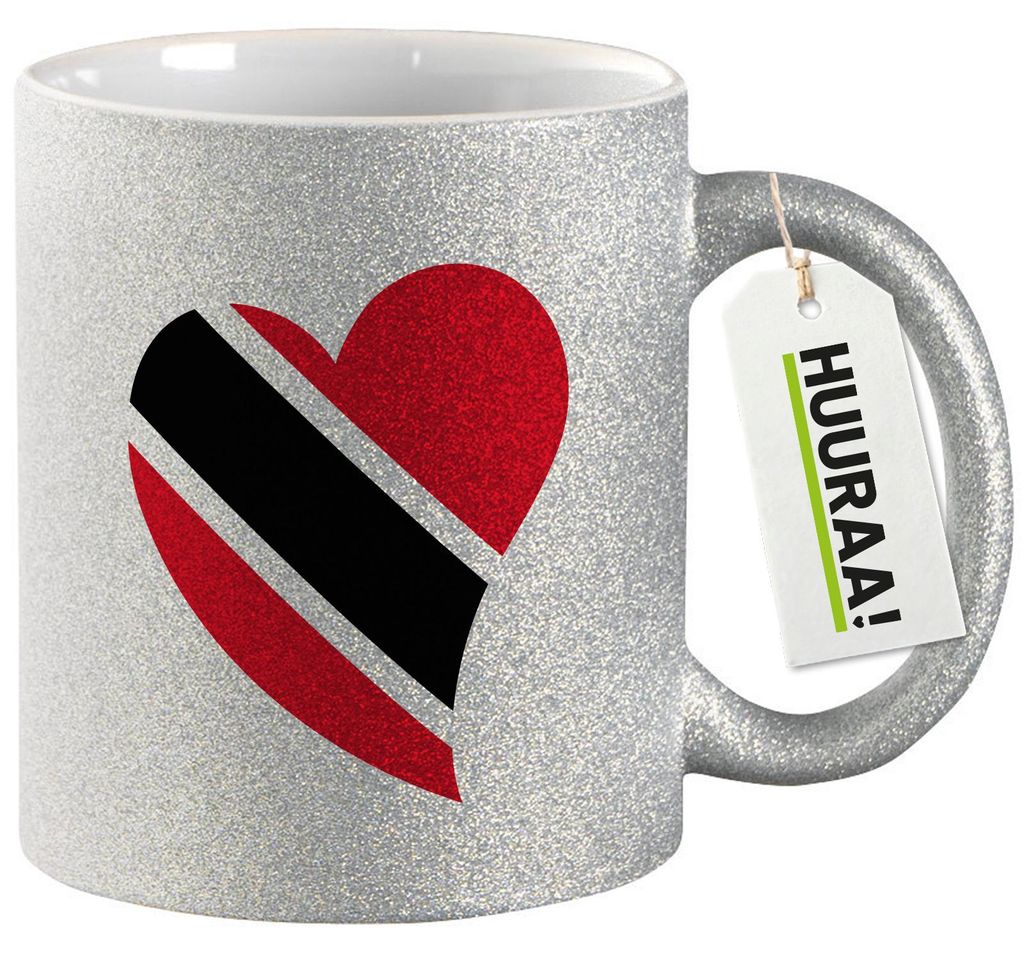 Huuraa Glitzertasse Trinidad und Tobago Flagge Herz 330ml Silber Keramik Kaffeebecher Geschenkidee