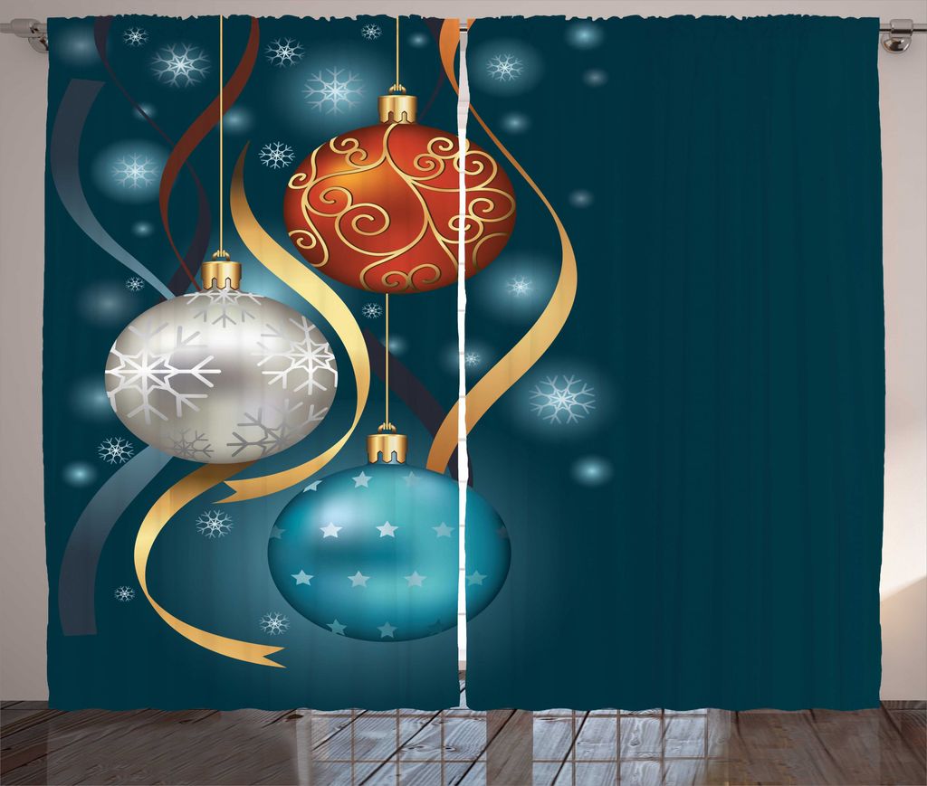 ABAKUHAUS Weihnachten Rustikaler Gardine, Vivid Balls Ribbons, Schlafzimmer Kräuselband Vorhang mit Schlaufen und Haken, 280 x 175 cm, Blau grau G...