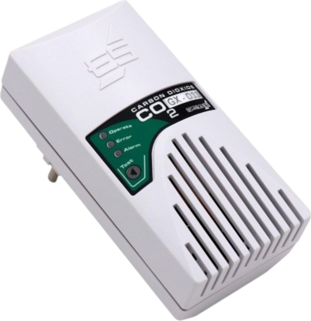 A white carbon dioxide detector is shown against a white background.