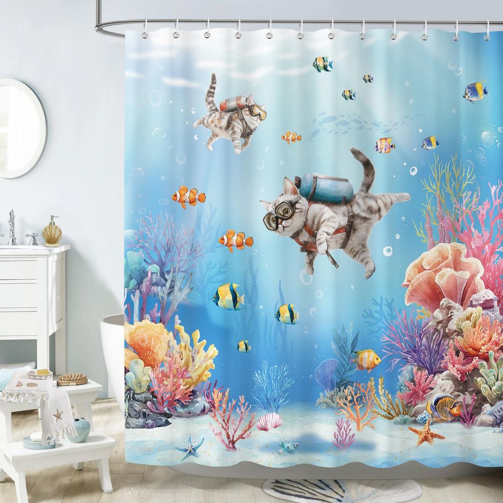 Duschvorhang mit lustigem Katzenmotiv, 180 x 180 cm, mit einer tauchenden Katze, einer Unterwasserwelt, einem Korallenriff und tropischen Fischen. ...