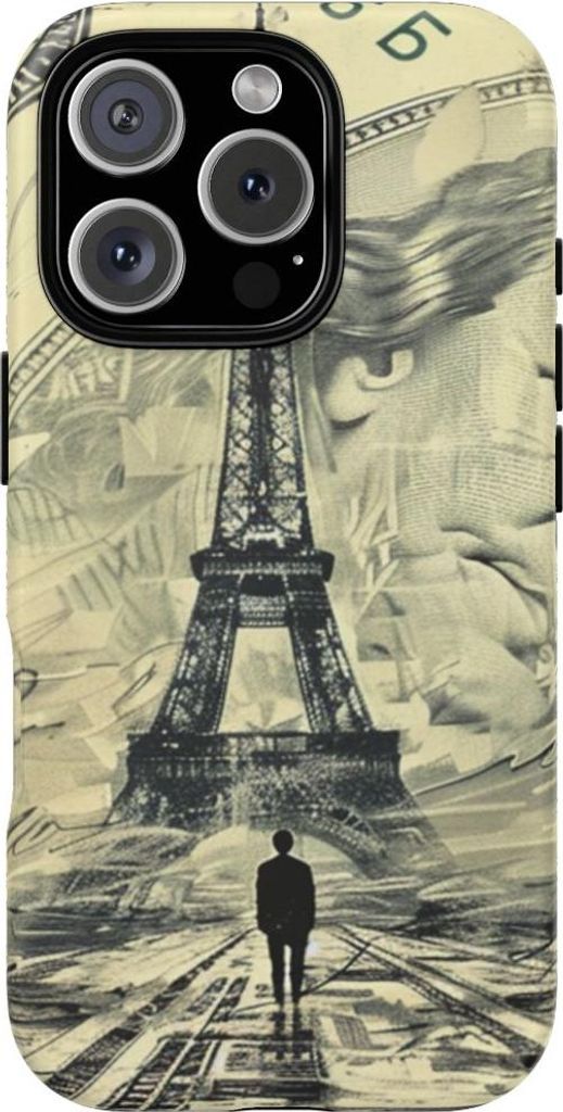 Surreale Illustration: Eiffelturm auf Geldschein – Hülle Kompatibel mit iPhone 16 Pro