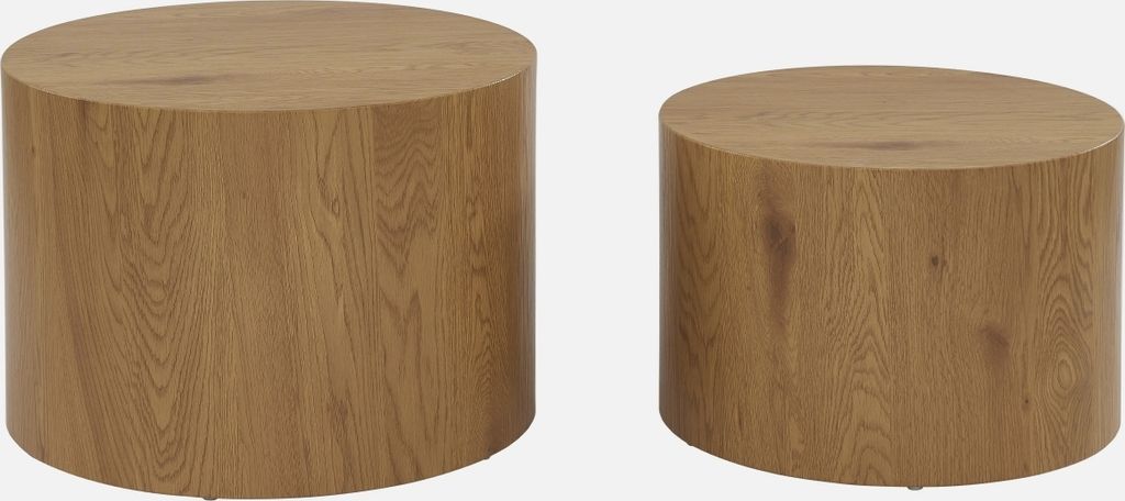 Two round wooden side tables of different sizes against a plain background.
