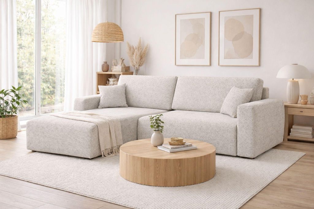 Kaiser Möbel Ecksofa mit Schlaffunktion und Bettkasten, Ariel L-Form im Sofa-Chenille Stoff Artico, Nata, Links