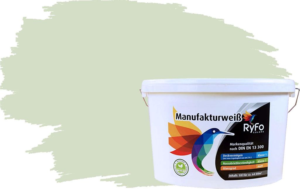 RyFo Colors Bunte Wandfarbe Manufakturweiß Hellminze 10l - weitere Grün Farbtöne und Größen erhältlich, Deckkraft Klasse 1, Nassabrieb Klasse 1