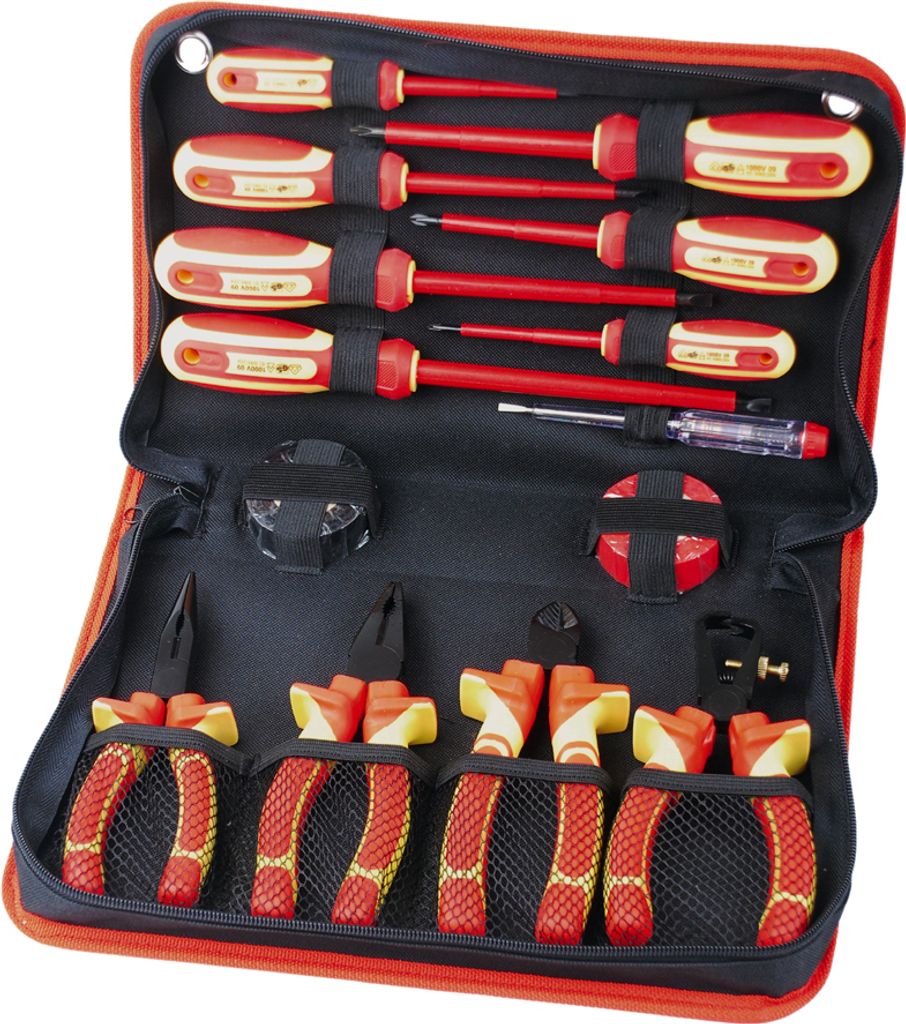 A set of tools laid out in a black nylon case.