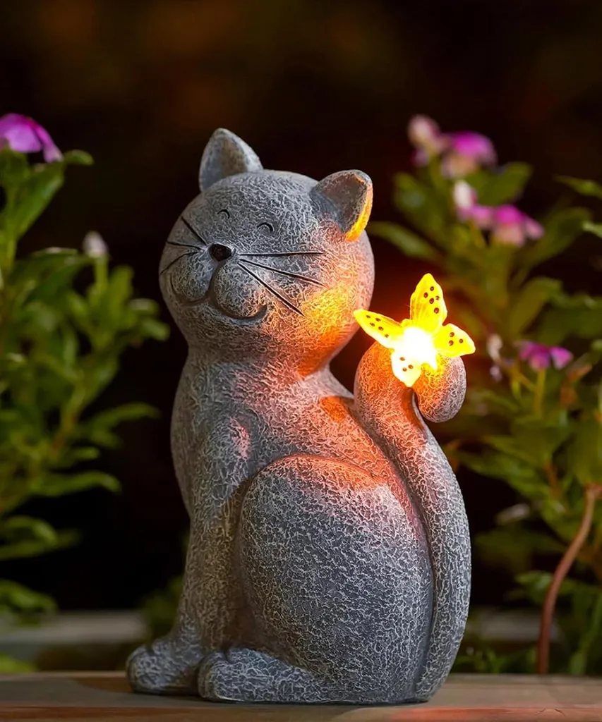Figurine chat solaire avec papillon gris 20cm déco jardin extérieur