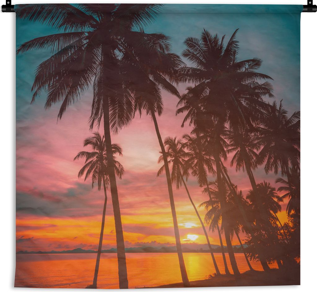 MuchoWow Wandteppich Wandbehang Meer - Palme - Sonnenuntergang - Strand - Silhouette 90x90 cm Tapisserie Dekoration Wandtuch - Wandaufhänger