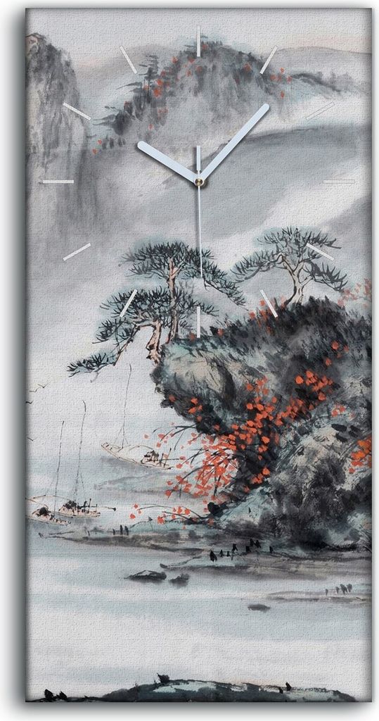 Wohnzimmer-Bild Leinwand Uhr Quarz 30x60 Chinesische traditionelle Berg Baum - weiße Hände