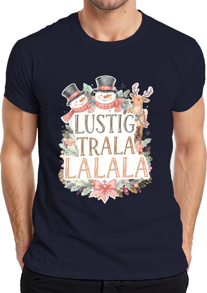 LUSTIG TRALA LALALA Weihnachten Schneemann Rentier Niedlich Retro Herren T-Shirt, Navy, XL