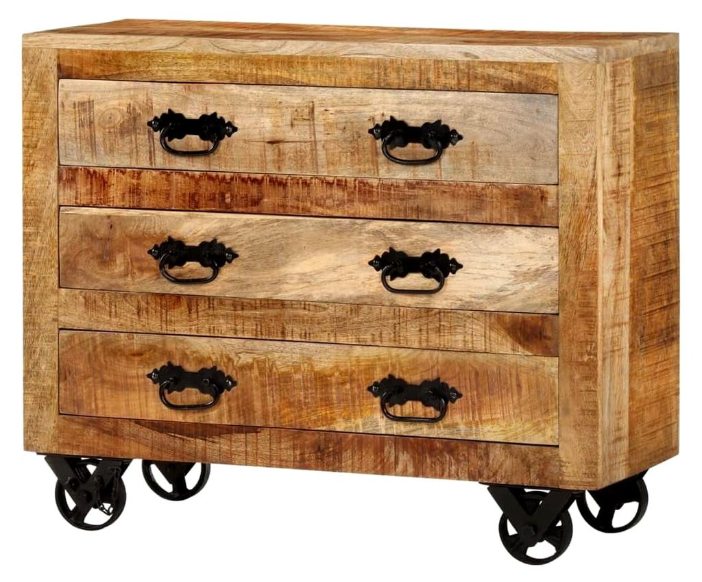 Sideboard, Kommode mit 3 Schubladen, Wohnzimmerschrank mit Rädern, Beistellschrank aus massivem Mangoholz