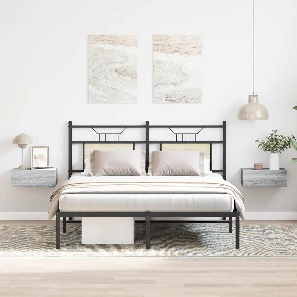 A bedroom scene with a bed, nightstands, and artwork.