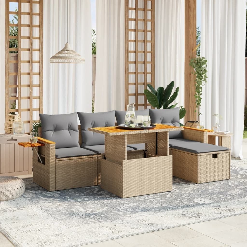 "2026 Promotion" 6-tlg. Garten-Sofagarnitur/Terrassenmöbel - mit Kissen - Beige Poly Rattan - Gartenmöbelset CC13469