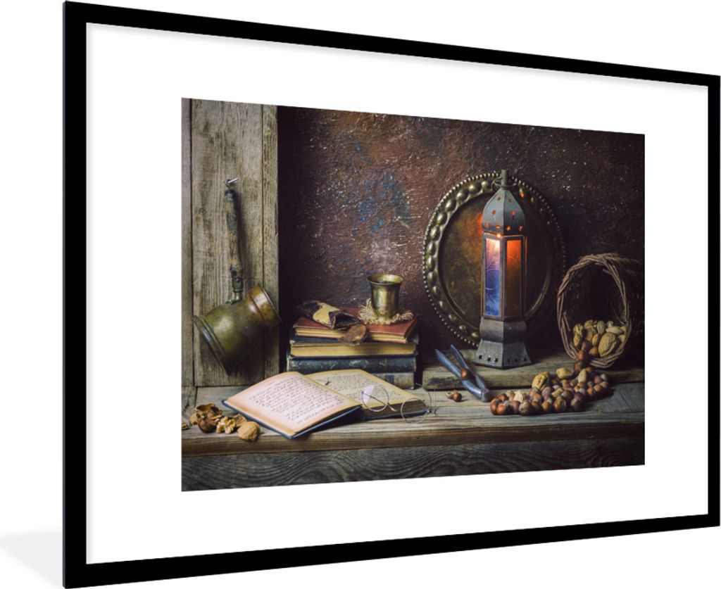 MuchoWow Gerahmtes Poster Buch - Stilleben - Walnuss - Laterne - Vintage 90x60 cm - Poster mit Schwarzem Bilderrahmen Wandposter Rahmen Foto Bild...