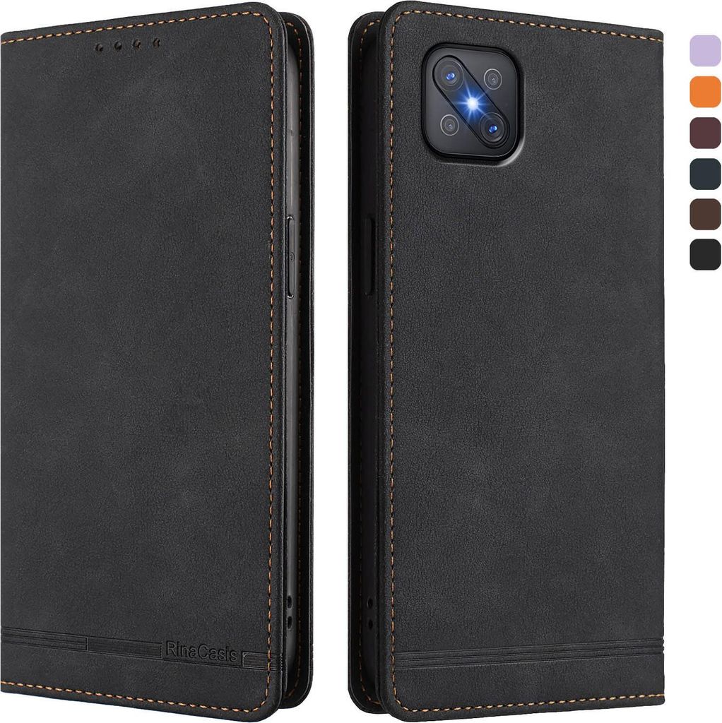 Hülle für Oppo A92s, Retro Kunstleder Ständer Klapphülle mit Kartenfächer und Magnetische Schwarz