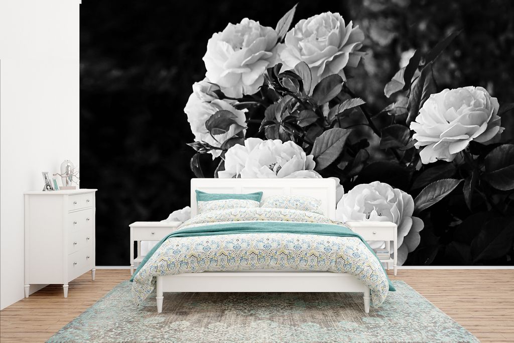 MuchoWow Fototapete für Wohnzimmer oder Schlafzimmer Wandtapete Vinyl Motivtapete Blumen - Schwarz und Weiß - Natur - Pflanzen - Rosen - 435x26...