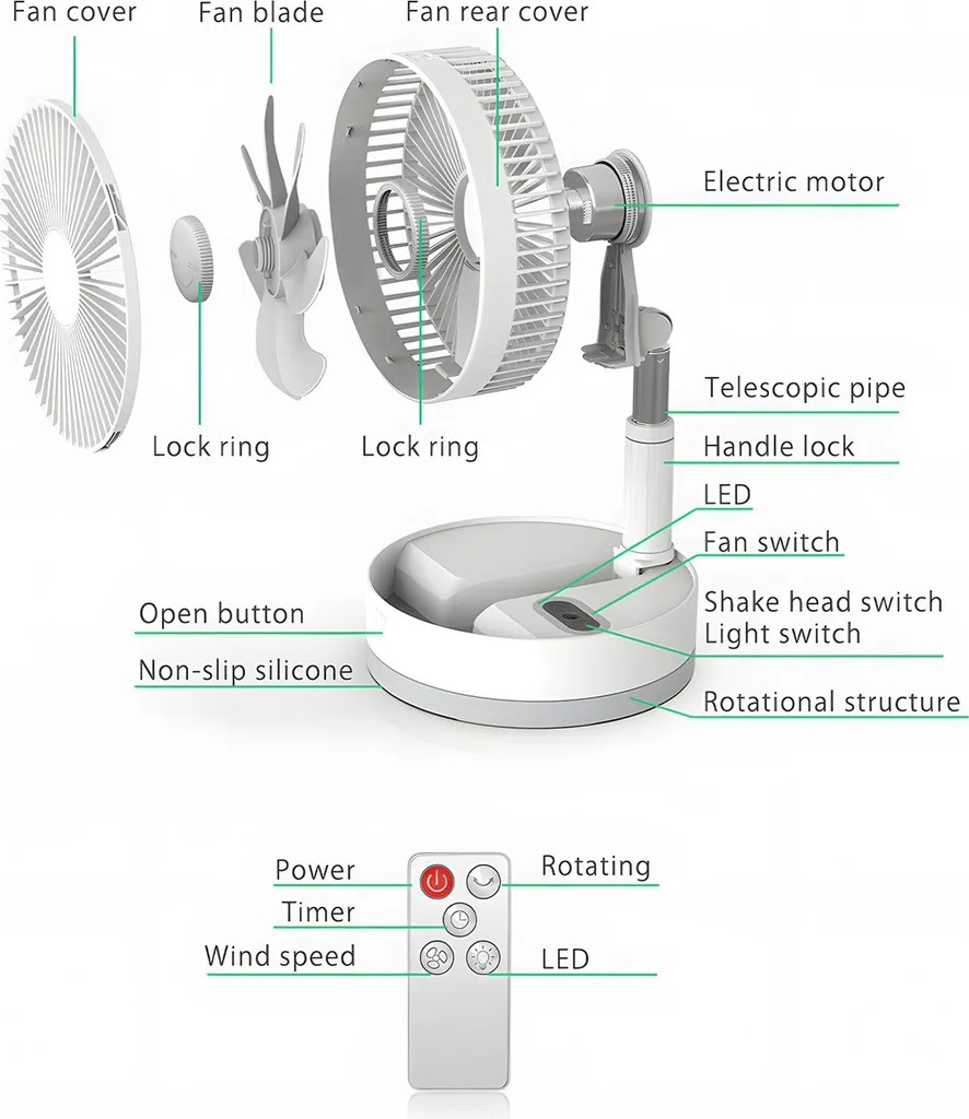 Ventilateur silencieux 4 vitesses avec batterie Type-C et veilleuse LED - 6