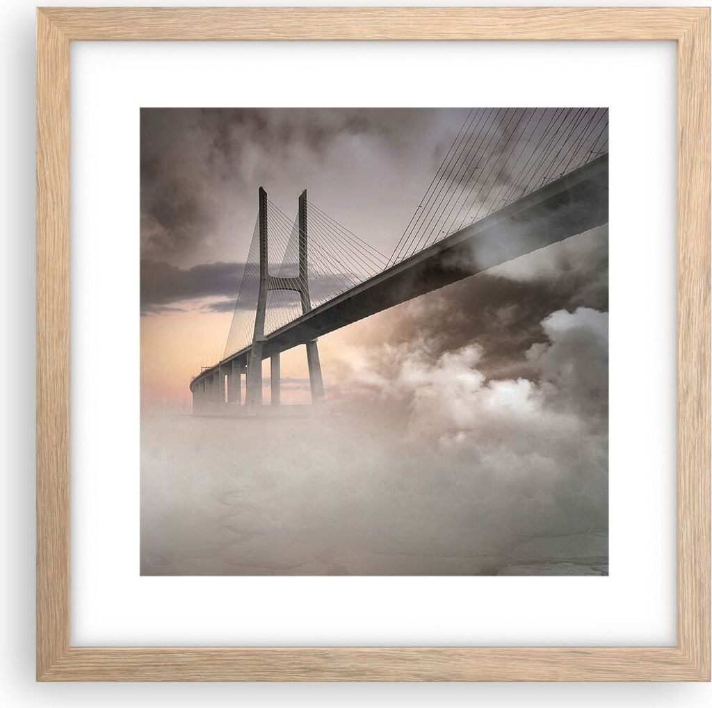 Gerahmtes Poster - Rahmen in heller Eiche - Brücke Nebel Wasser - 30x30 cm - Wand Bild - Wanddeko - Wandbilder - Wandposter - Bilderrahmen - Bilde...