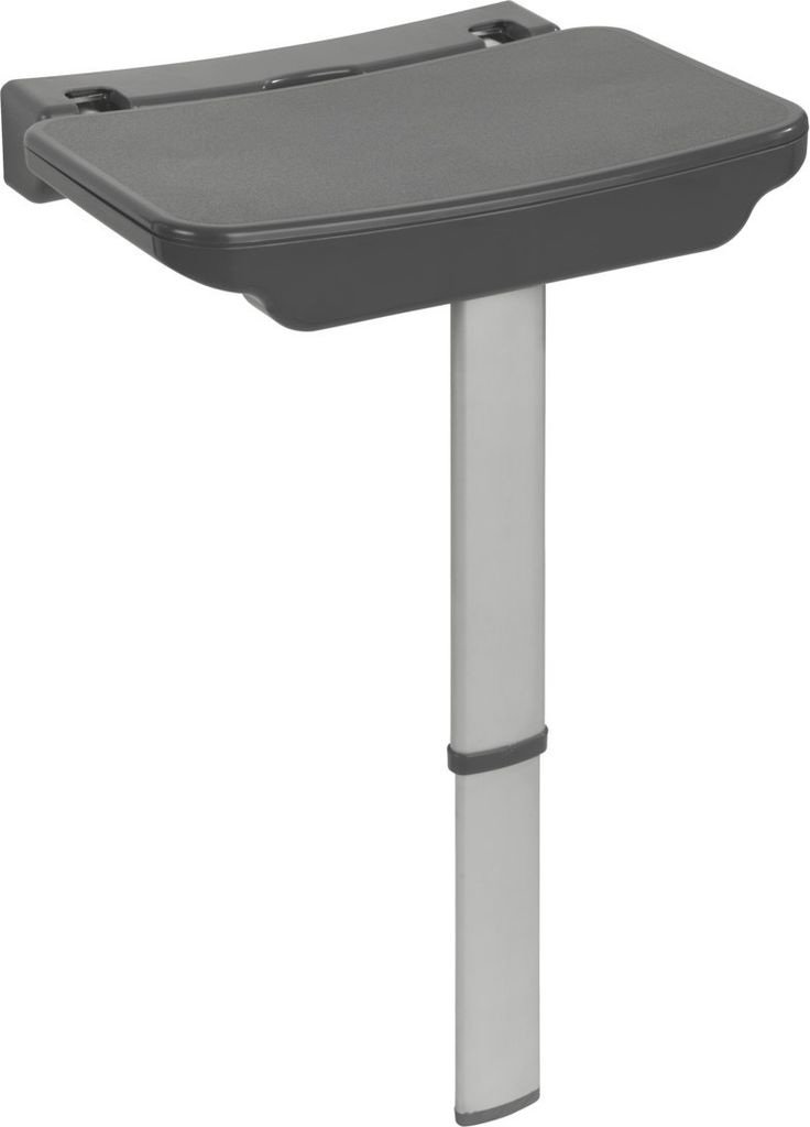 A wall-mounted shower seat with an adjustable height support leg.