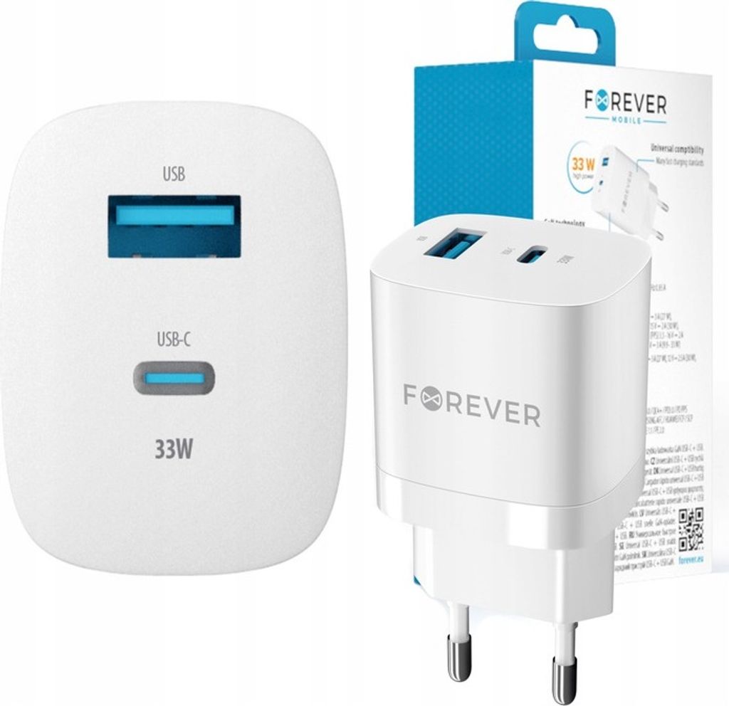 Forever Schnellladegerät Netzladegerät GaN PD QC USB-C + USB 33W Ladegerät mit Schnellladetechnik für laptop, tablet für MacBook, Microsoft