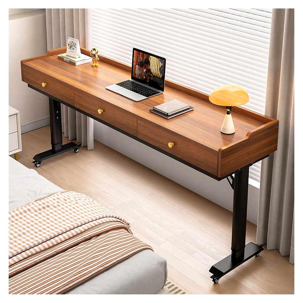 Höhenverstellbarer Schreibtisch mit Rollen, Laptoptisch, 360° drehbar, stabile Metallbeine (Dunkelbraun)