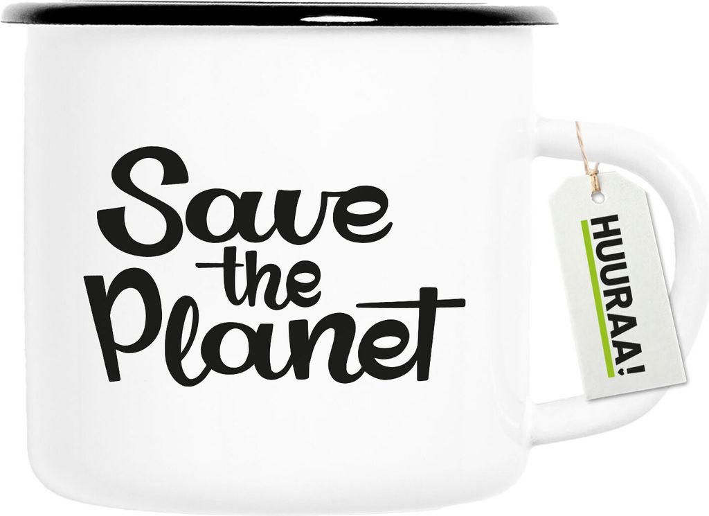 Huuraa Emaille Tasse Save the Planet Schriftzug Geschenk 300ml Vintage Emaille Becher Save the Planet Geschenkidee