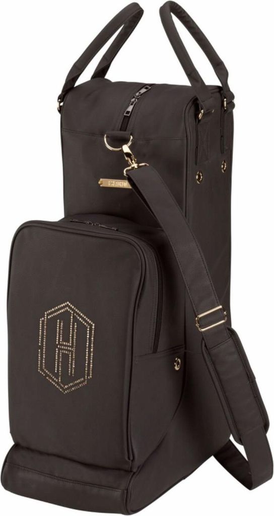 A black boot and helmet bag with a gold hexagonal logo on the front.
