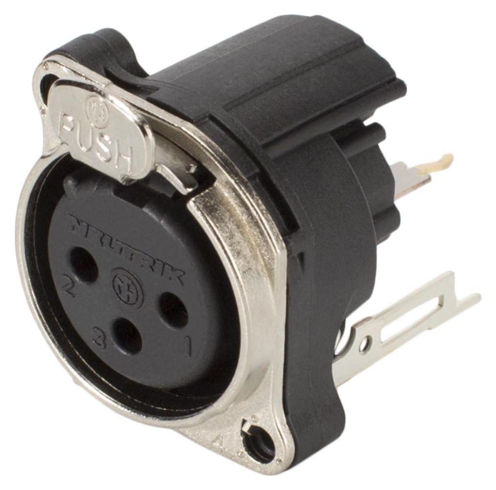 NEUTRIK XLR, 3-pol , Metall-, Printtechnik vertikal-Einbaubuchse, vergoldete Kontakt(e), Type B, chromfarben