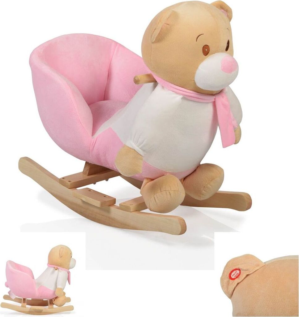 Plsch Schaukeltier Br rosa WJ-635 mit Handgriffe aus Holz ab 12 Monate