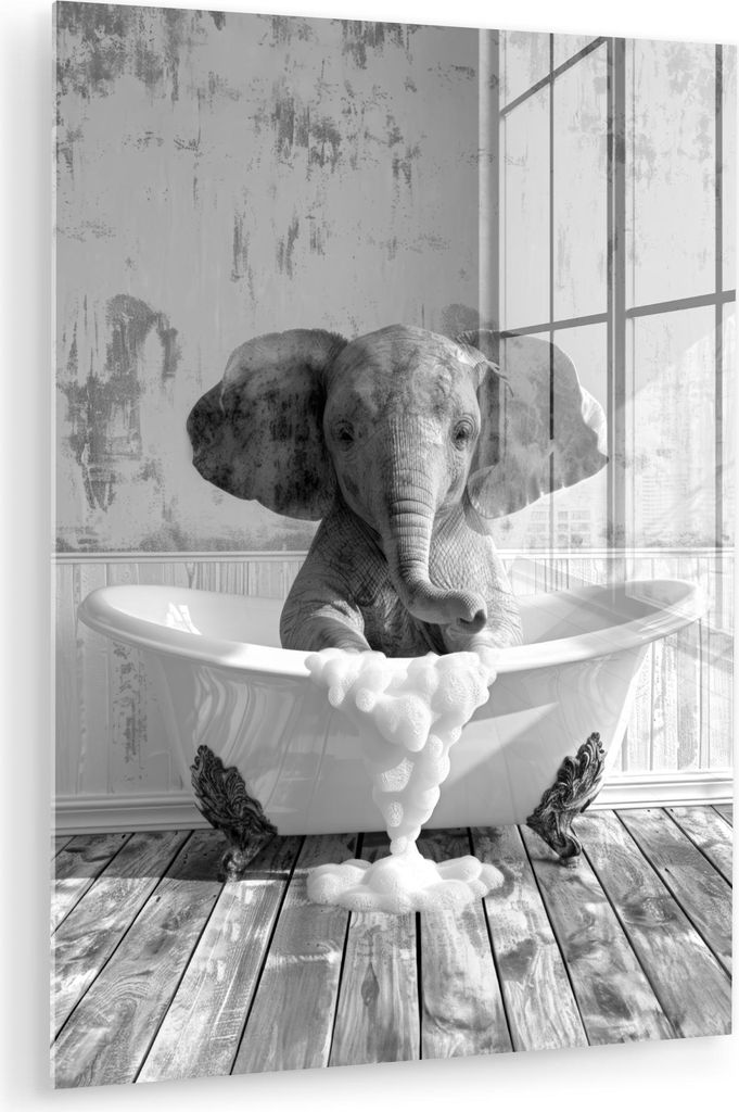 MuchoWow Glasbilder - Bilder auf Wandbild - Foto auf Glas Elefant - Vintage - Tiere - Schwarz - Weiß 60x80 cm Wanddekoration aus Glas - Acrylglasb...