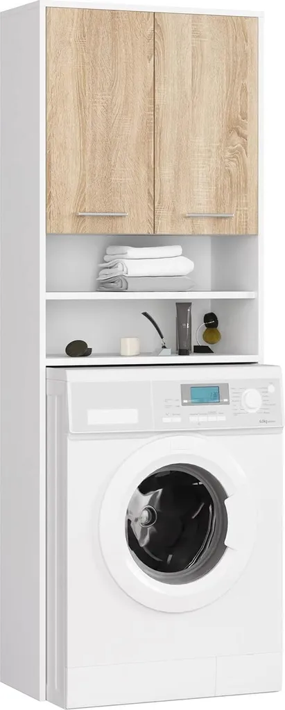 Mobile Lavatrice BDW 180x64x30 cm | Armadio Bagno Bianco e Rovere Sonoma - 2