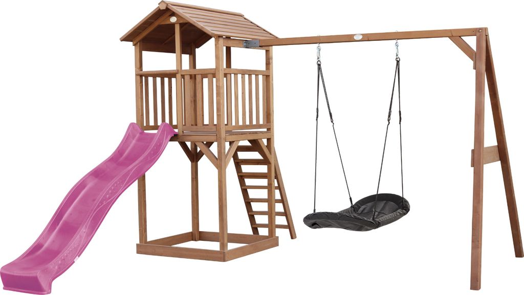 AXI Beach Tower Spielturm aus Holz in Braun | Spielhaus für Kinder mit lila Rutsche, Nestschaukel und Sandkasten | Stelzenhaus für den Garten