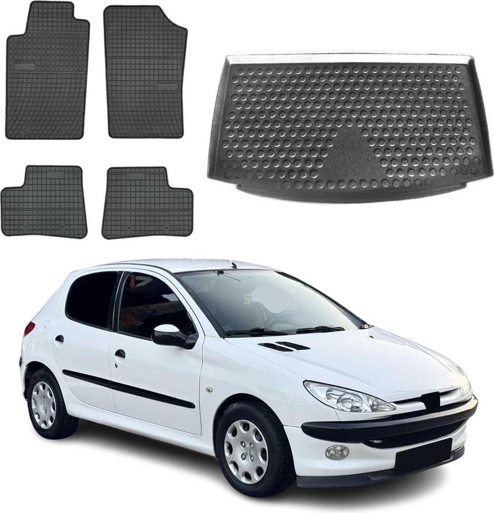 Fußmatten & Kofferraumwanne Set für Peugeot 206 Schrägheck 1999-2007 Gummi 5x