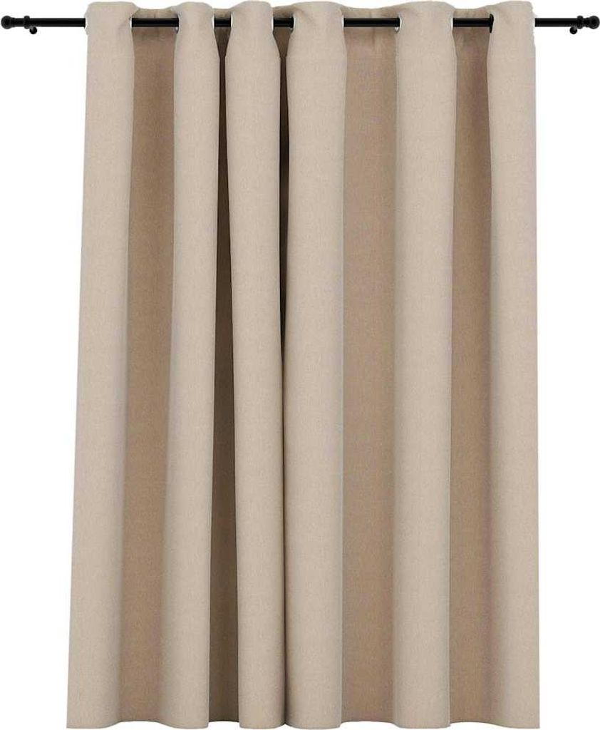A plain background shot of beige curtains hanging from a black curtain rod.