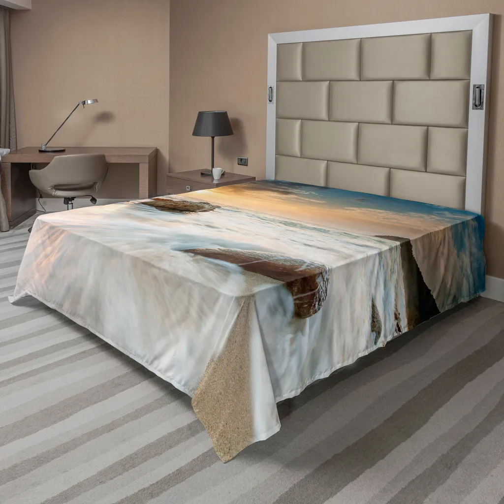 Drap plat décoratif paysage marin pour grand lit 2 personnes 260x228cm