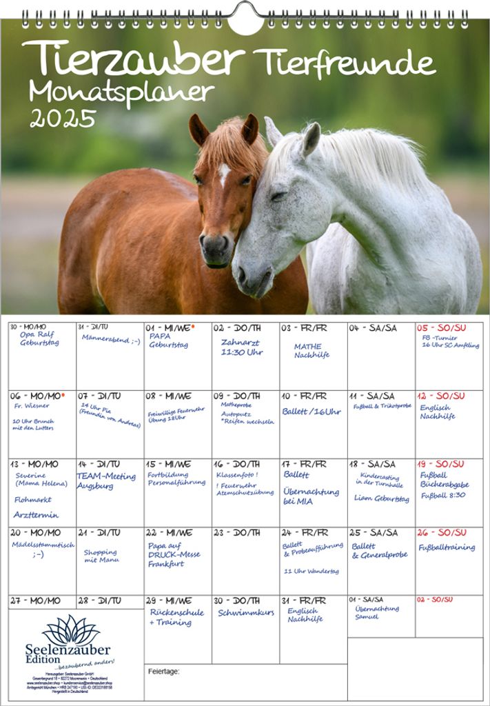 Tierzauber Tierfreunde Planer DIN A3 Kalender für 2025 verschiedene Tiere und ihre Freundschaften - Seelenzauber