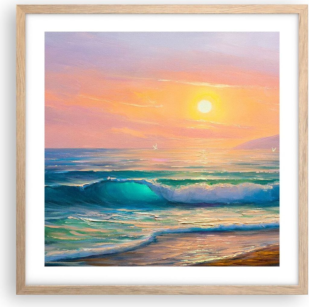 Gerahmtes Poster - Rahmen in heller Eiche - Meer Welle Ufer - 50x50 cm - Wand Bild - Wanddeko - Wandbilder - Kunstposter - Wandposter - Bilderrahme...