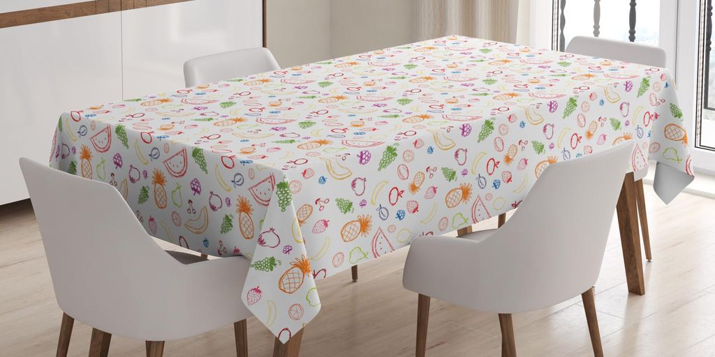 ABAKUHAUS Obst Tischdecke, Skizzieren Sie vegetarische Beeren und Essen Trauben Zitrone Birne Ananas Kirsche und Erdbeere, 140 x 240 cm, Mehrfarbig