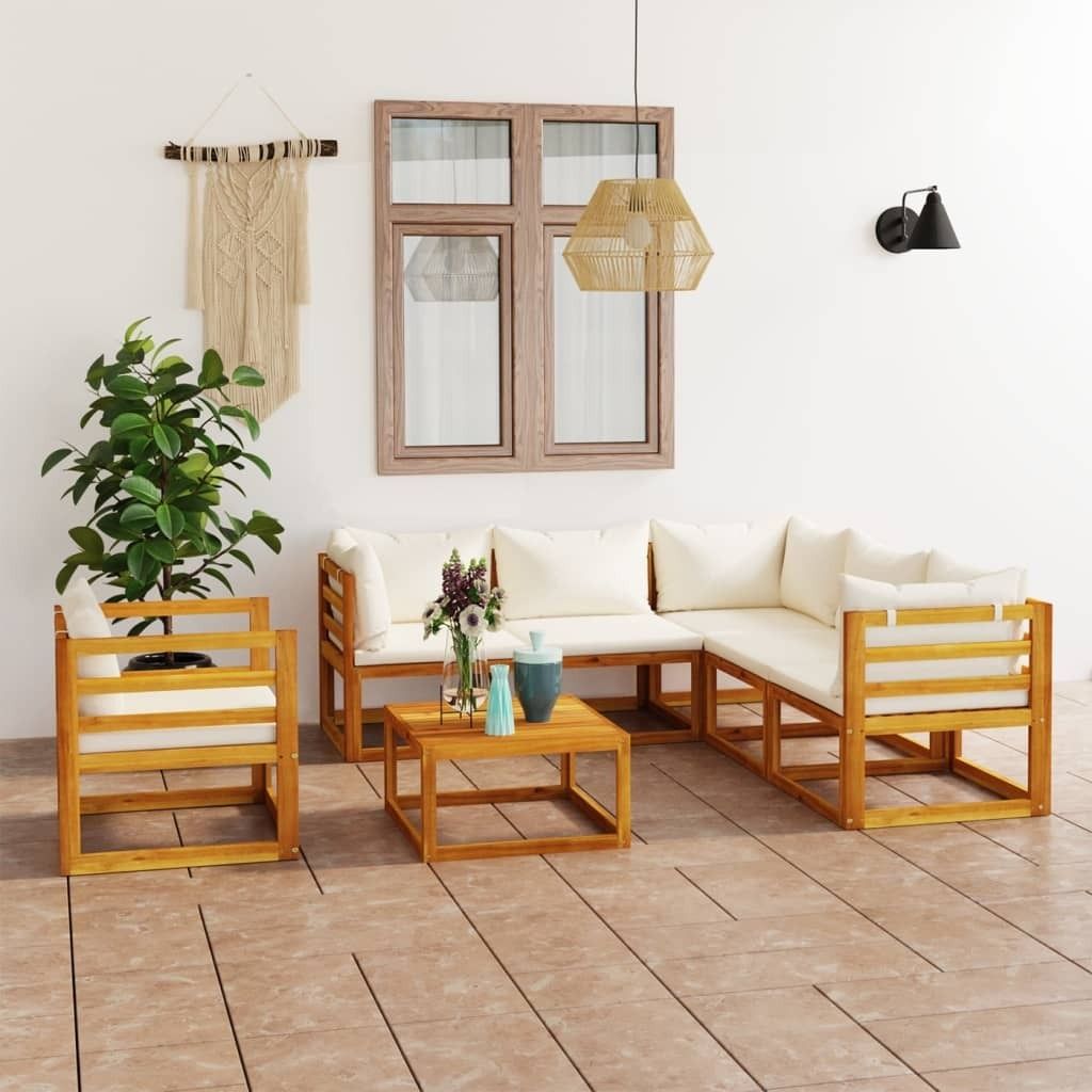 Möbel 7-tlg. Garten-Lounge-Set mit Auflagen Creme Massivholz Akazie - Balkonmöbel 3057644