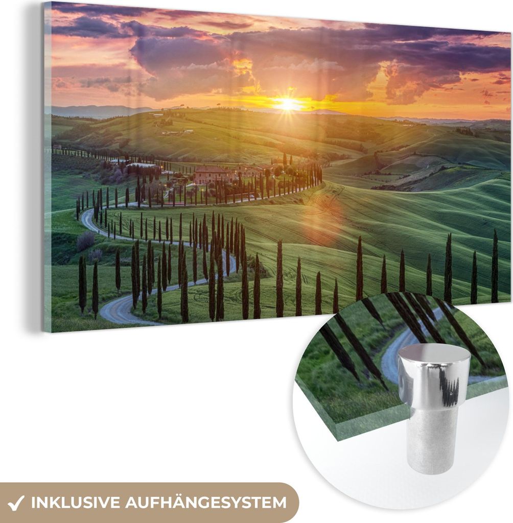 MuchoWow Glasbilder - Bilder auf Wandbild - Foto auf Glas Italien - Sonnenuntergang - Toskana 80x40 cm Wanddekoration aus Glas - Acrylglasbild - Ac...