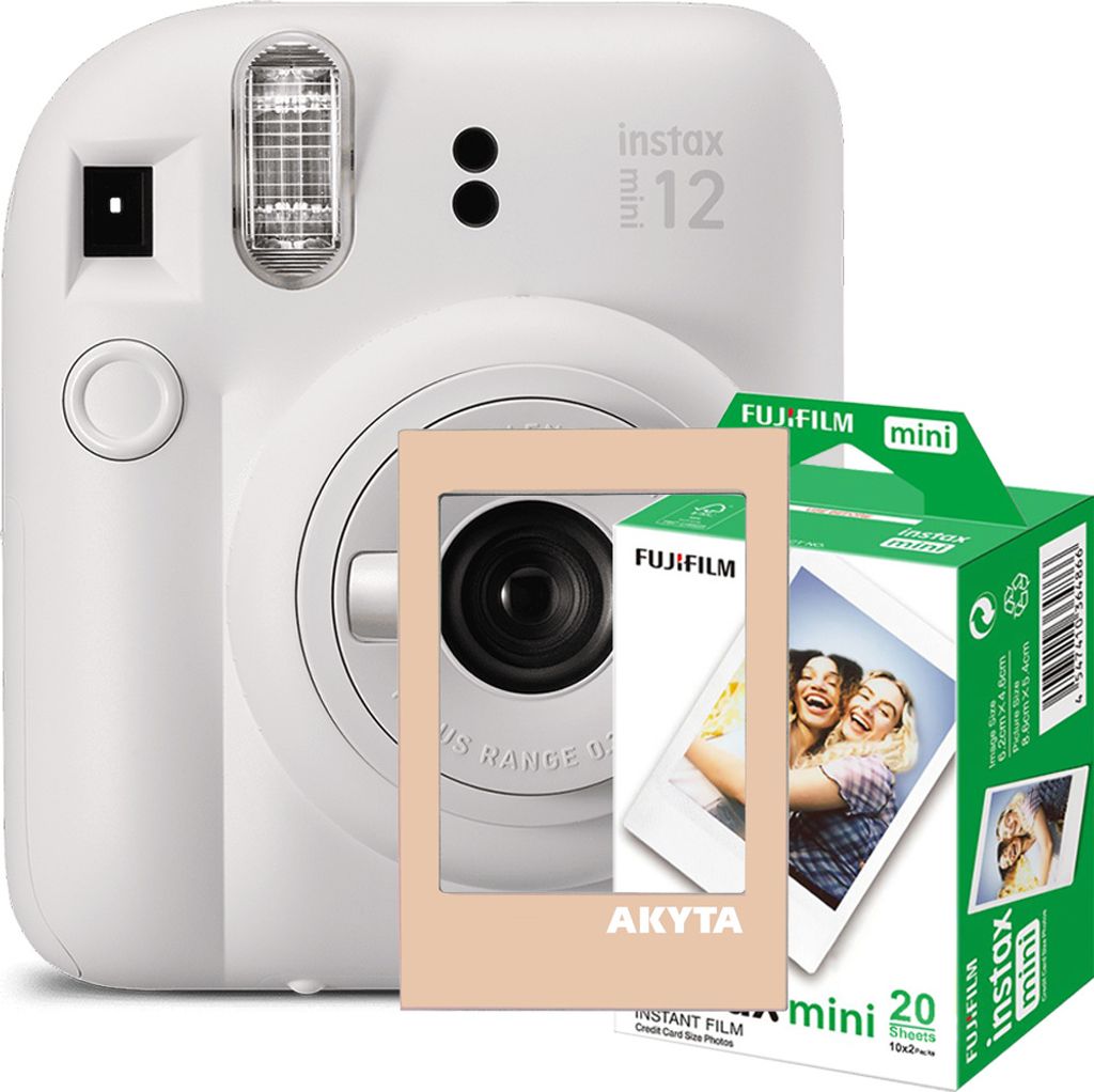 Sofortbildkamera Fujifilm Instax Mini 12, Weiß mit magnetischem Rahmen und 20 Filmen.
