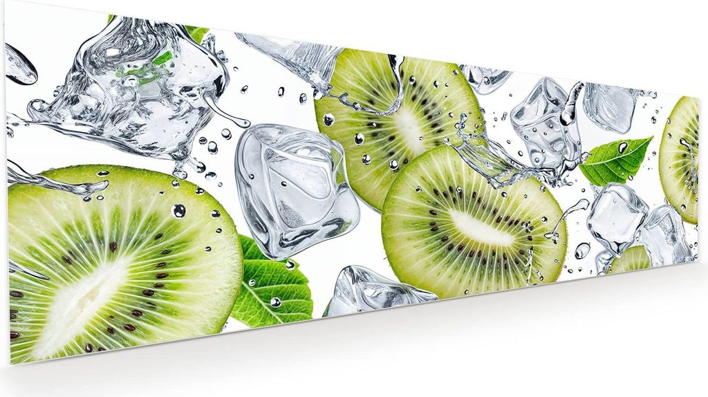 Glasbild 120x40cm in XXL für Wohnzimmer, Schlafzimmer Motiv Kiwi Würfel Eis