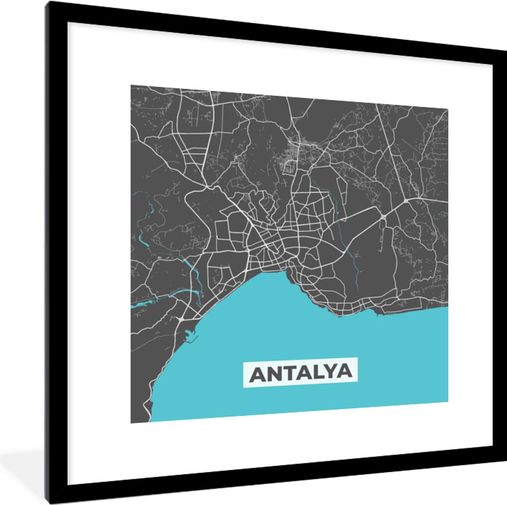 MuchoWow Gerahmtes Poster Antalya - Stadtplan - Blau - Karte 40x40 cm - Poster mit Schwarzem Bilderrahmen Wandposter Rahmen Foto Bilder - Poster ...