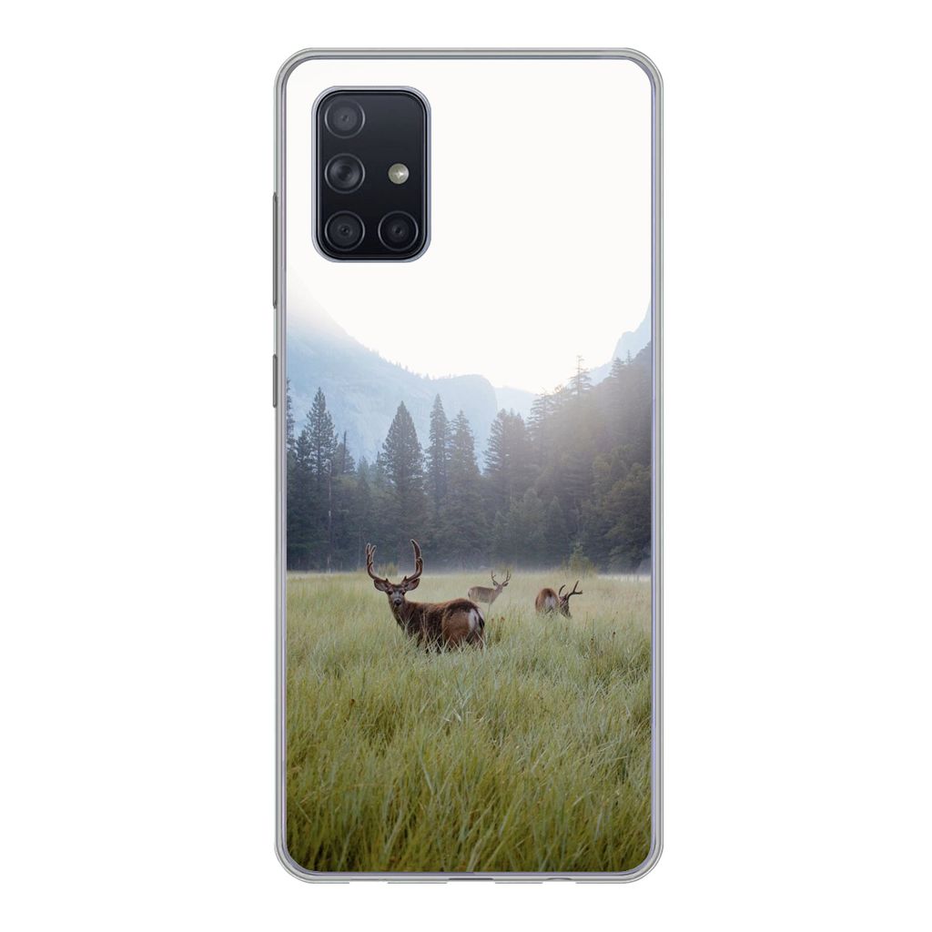 MuchoWow Handyhülle Schutzhülle Hülle für Samsung Galaxy A51 Wald - Hirsche - Nebel Silikon Softcase Handy Hülle - Schutzabdeckung