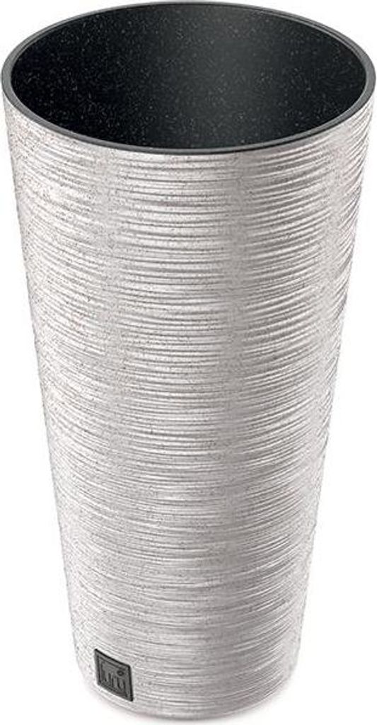 A tall, textured silver planter with a black interior.