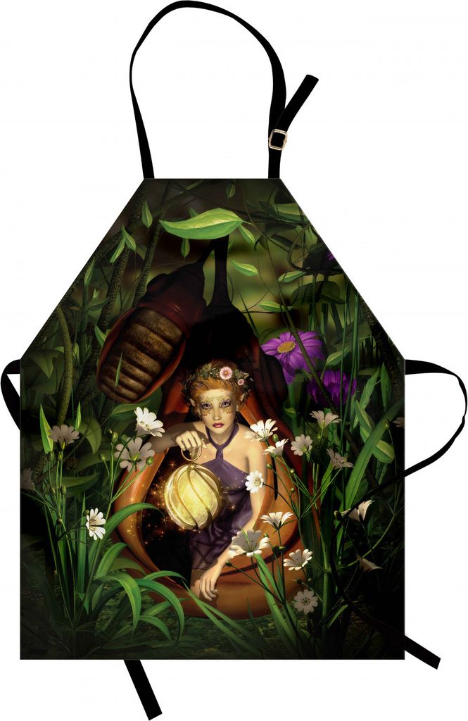 ABAKUHAUS Prinzessin Kochschürze, Eine weibliche Elf, die mit Einer Laterne in Einer Cocoon-mysteriösen Grün-Nachtzeit sitzt, Farbfest Höhenver...
