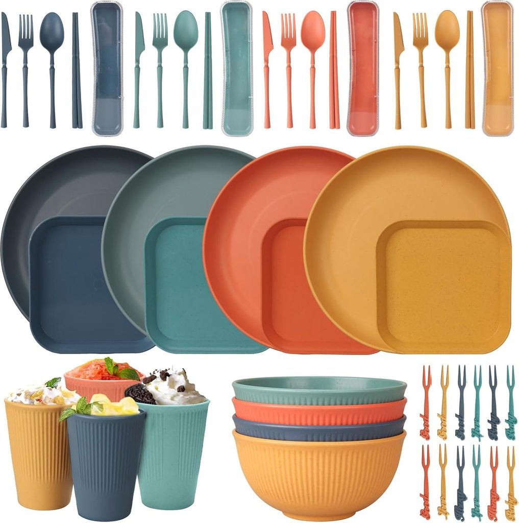 48 Teiliges Unzerbrechliches Geschirr Set, Wiederverwendbar Camping fš¹r 4 Personen Plastikgeschirr Picknick Leicht Bunt Grill Kunststoff Servier...