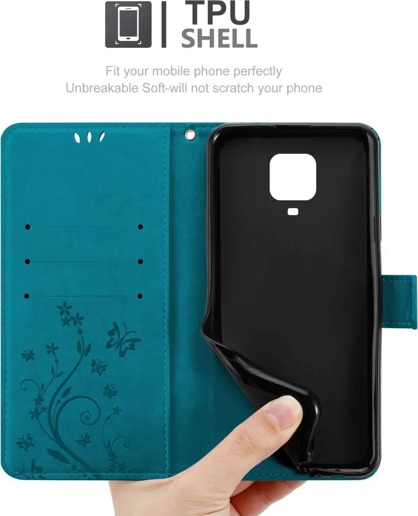 Cadorabo Custodia per Xiaomi RedMi NOTE 9 PRO / NOTE 9S in BLU FLOREALE Cover protettiva con design floreale con chiusura magnetica, funzione stand e slot per carte di credito Flip Case Flower Cover Etui Handy Klapp Hülle Book Tasche - 5